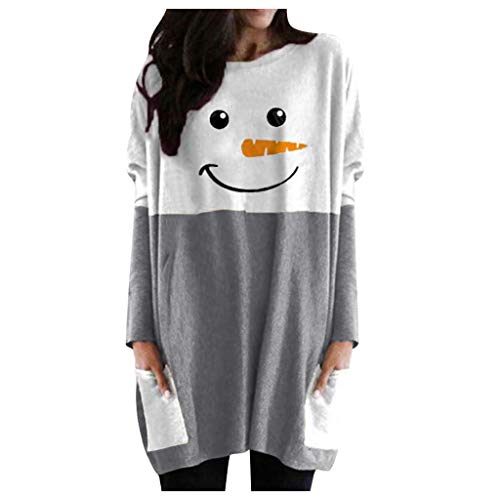 Generisch Weihnachtsbluse Damen Lustig Lang Große Größe - Longpullover für Langarmshirt Lang Oversized Rundhalsausschnitt T-Shirts Casual Sweashirt Tunika Damen Pulli Long-Shirt Kleid mit Taschen von Generisch