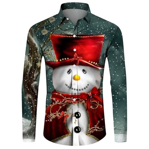 Generisch Weihnachtshemd Herren, Weihnachtshemd Herren Lustig 3D Druck Weihnachten Hemd Weihnachtsmann Schneemann Druck Freizeithemd Festival Langarm Slim Fit Button Up Weihnachts Shirt Hemden von Generisch
