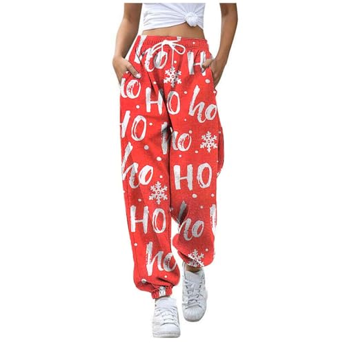 Generisch Weihnachtshose Damen Jogginghose Lang High Waist Weihnachts Hose mit Kordelzug Trainingshose Weihnachten Bedruckte Wanderhose Laufhose Casual Pyjamahose Stoffhose von Generisch