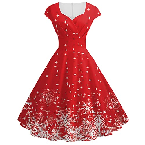 Generisch Weihnachtskleid, Damen Gedruckt Kurze Ärmel V-Ausschnitt Rüschensaum Kleider Vintage 1950Er Hepburn Weihnachtskleid Rote Cocktailkleid Kurz Bride Dress Festkleider (3XL, Red) von Generisch