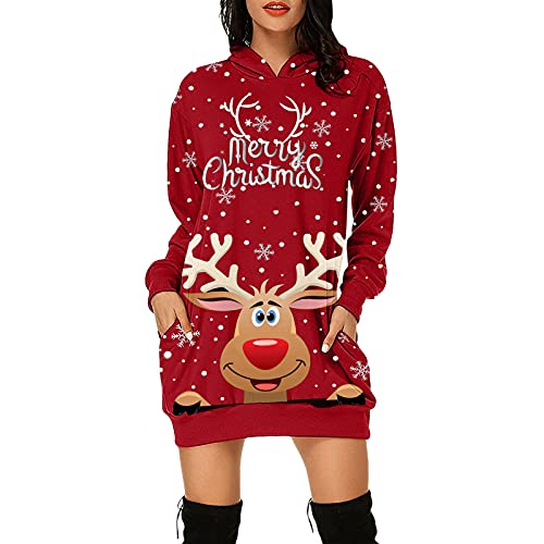 Generisch Weihnachtskleid Damen Elegant Minikleid Rundhals Knielang Shirtkleid Freizeitkleid Mode Rotweinglas Rentier Print Druck Festlich Partykleid Langarm Merry Christmas Hoodie Kleid von Generisch