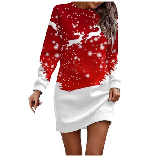 Generisch Weihnachtskleid Damen Herbstkleid Damen Elegant Sweatkleid Damen Langarm Kleid Weihnachten Damen Rundhals Oversize Sweatkleid Kleid Schneeflocke Muster Kleider Frauen Frühling Winter von Generisch