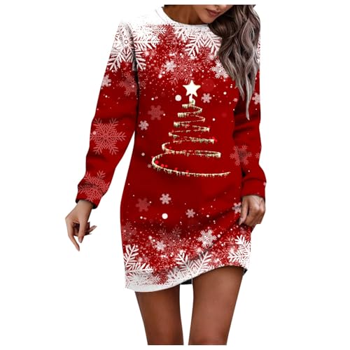 Generisch Weihnachtskleid Damen Ugly Christmas Sweater Oversize Weihnachten Bedruckt Pullover Kleid Langarm Winter Rundhals Weihnachten Kleid Elegant Festliches Kleid Freizeitkleid Silvester Outfit von Generisch