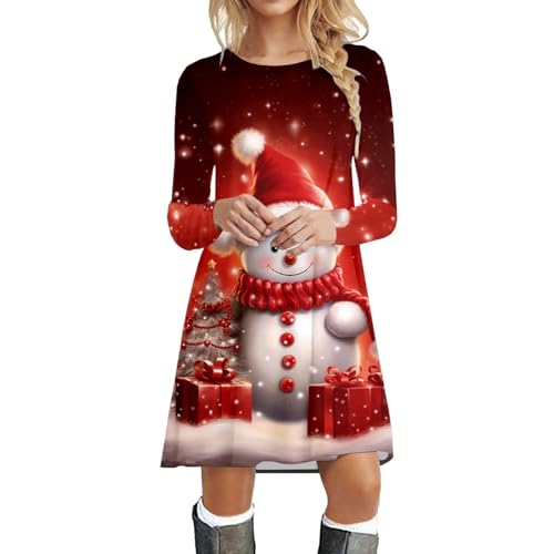 Generisch Weihnachtskleid Damen lustig Langarm Kleid Rentiere Schneeflocken Weihnachtskleid Frau Weihnachtspulli Ugly Christmas Sweater Pullover Weihnachtsbekleidung Damen Shirtkleid von Generisch