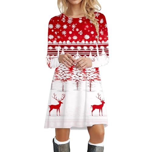 Weihnachtskleid Damen lustig Langarm Kleid Rentiere Schneeflocken Weihnachtskleid Frau Weihnachtspulli Ugly Christmas Sweater Pullover Weihnachtsbekleidung Damen Shirtkleid von Generisch