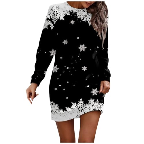 Generisch Weihnachtskleider Für Damen, Weihnachtskleid Damen Weihnachten Kleid Casual Gedruckt Langarm Pullover Hip Pack Pullover Schwarz Weihnachtsoutfit Elegant Lang Kleider (L, Schwarz) von Generisch