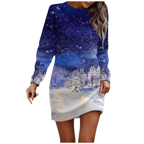 Generisch Weihnachtskleider Für Damen, Weihnachtskleid Damen Weihnachten Kleid Casual Gedruckt Langarm Pullover Hip Pack Pullover Herbst Ugly Christmas Große Größen Curvy Pullie Festliche (L, Blau) von Generisch