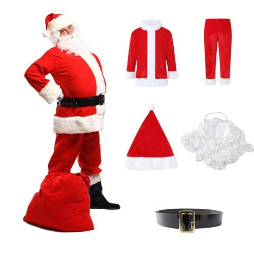Generisch Weihnachtsmann Kostüm, Weihnachtsmann Kostüm Herren Weihnachten Nikolaus Kostüm 5-Teilig Oberteile, Hose, Weihnachtsmütze, Bart und Gürtel Roter Deluxe Samt Weihnachtskostüm Nikolauskostüm von Generisch