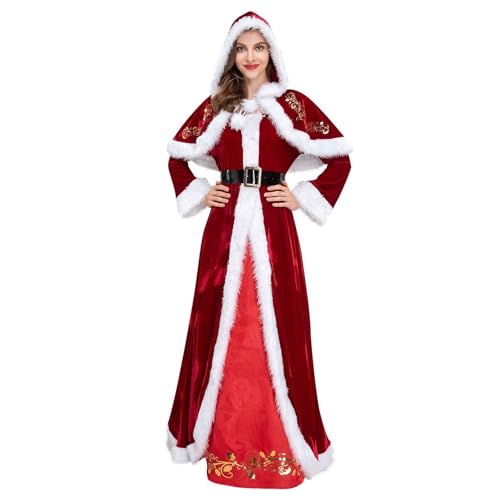 Generisch Weihnachtsmann Kostüm Damen Weihnachtskleid Party Kleider Miss Santa Claus Cosplay Kostüm Umhang mit Kapuze WeihnachtsMütze Weihnachtsfrau Xmas Outfit Set 02 Rot XXL von Generisch