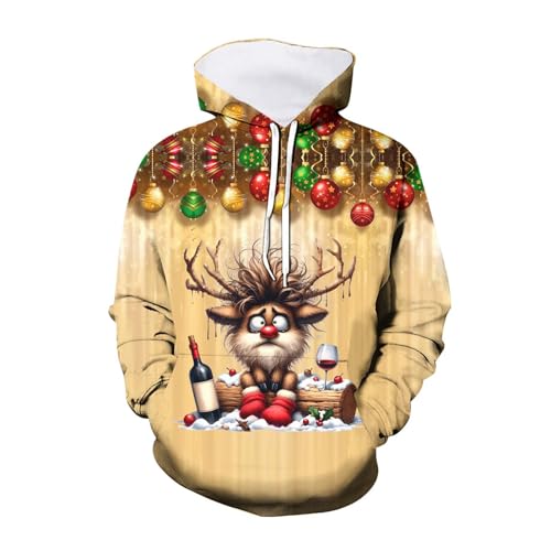 Generisch Weihnachtsoutfit Herren Hoodie Rentier Print Pullover Lustige 3D Druck Weihnachtspulli Weihnachtsmotiv Print Kapuzepullover Hoody Baumwolle Weihnachten Weihnachts Xmas Pulli (#2Yellow, XXL) von Generisch