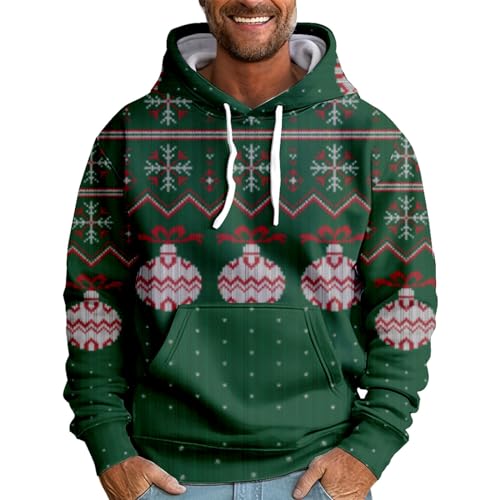 Generisch Weihnachtspullover, Hoodie Herren Oversize Lange Ärmel Dünne Kapuze Sweatshirt Pullover Mit Kordelzug Weihnachtspulli Hässlich Weihnachtspullover Rentier Pullover Lustig Vor (L, Dark Green) von Generisch