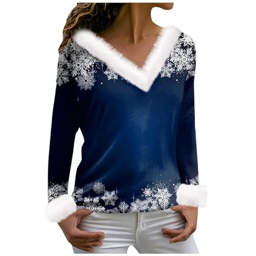 Generisch Weihnachtspullover Damen, Plüschkragen V-Ausschnitt Weihnachten Bedrucktes Langarm Party Top Umstandspullover Sexy Kleidung Elegant 44 46 Mädchen Led Christmas Sweater Men Ugly (3XL, Blau) von Generisch