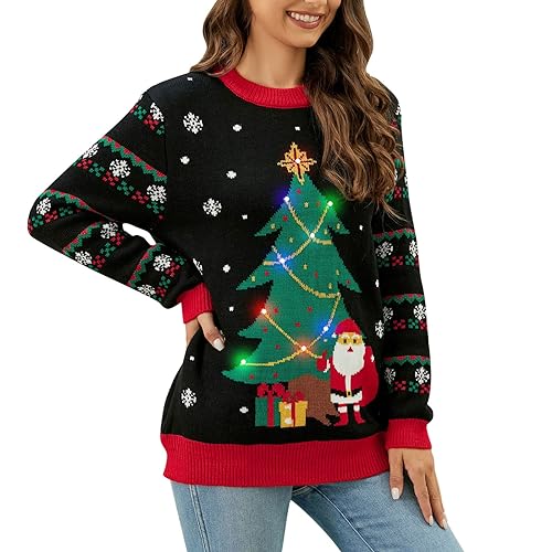Generisch Weihnachtspullover Damen Lustig Weihnachtspullover Familie Set Strickpullover Rundhals Lustig Weihnachtspulli mit Tannenbaum Schneemann Muster von Generisch