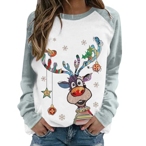 Generisch Weihnachtspullover Damen Lustige Langarmshirt Weihnachten Oberteil Baumwolle Weihnachtsshirt Weihnachts Elch Festival Oberteile Weihnachtspulli Rundhals Sweatshirt Silber 3XL von Generisch