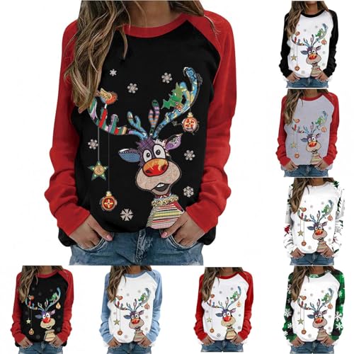 Generisch Weihnachtspullover Damen Lustige Langarmshirt Weihnachten Oberteil Lustig Weihnachtsshirt Weihnachts Elch Hässliche Oberteile Weihnachtspulli Weihnachtskostüm Rot M von Generisch