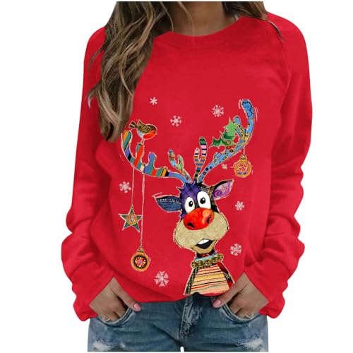Generisch Weihnachtspullover Damen Lustige Weihnachtsoutfit Langarmshirt Christmas Sweatshirt Weihnachtsshirt Teenager Mädchen Pyjama Xmas Oberteile Weihnachten Bluse Weihnachts Pullover Rot S von Generisch