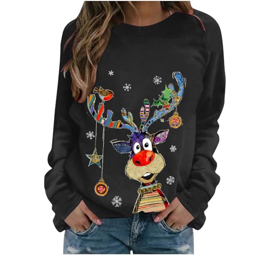 Generisch Weihnachtspullover Damen Lustige Weihnachtsoutfit Langarmshirt Christmas Sweatshirt Weihnachtsshirt Teenager Mädchen Pyjama Xmas Oberteile Weihnachten Bluse Weihnachts Pullover Schwarz S von Generisch