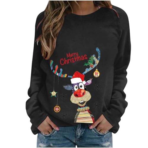 Generisch Weihnachtspullover Damen Lustige Weihnachtsoutfit Langarmshirt Christmas Sweatshirt Weihnachtsshirt Teenager Mädchen Pyjama Xmas Oberteile Weihnachten Bluse Weihnachts Pullover Schwarz S von Generisch