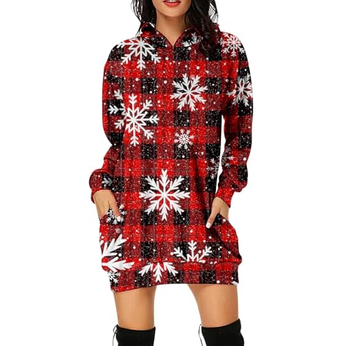 Generisch Weihnachtspullover Damen Mode Chic Kapuzenpullover Sweatshirts Weihnachtskleid Damen Schneeflocke Kariert Langärmelig Strickkleid Damen Taschen Winterkleid Damen Pulloverkleid (Rot,M) von Generisch