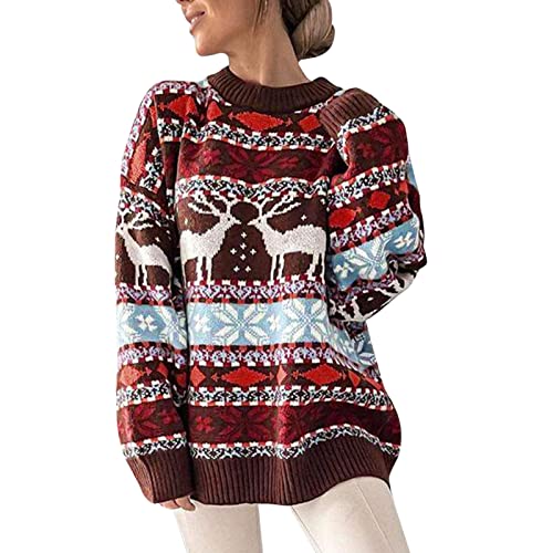 Generisch Weihnachtspullover Damen Norweger Pullover Große Größen Strickpullover Bunt Weihnachten Muster Wollpullover Lockere Warme Grobstrickpullover Winter Herbstmode Weihnachts Pullis von Generisch