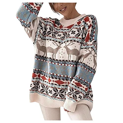 Generisch Weihnachtspullover Damen Norweger Pullover Große Größen Strickpullover Bunt Weihnachten Muster Wollpullover Lockere Warme Grobstrickpullover Winter Herbstmode Weihnachts Pullis von Generisch
