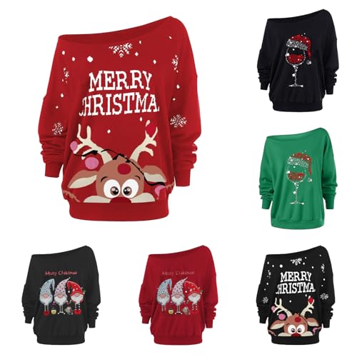 Generisch Weihnachtspullover Damen One Shoulder Große Größen Winter Langarm Rundhals Pullover Sweatshirt mit Weihnachtsmotiv Rentier Drucken Weihnachtspulli Lose Bluse Oberteil für Weihnachten Party von Generisch