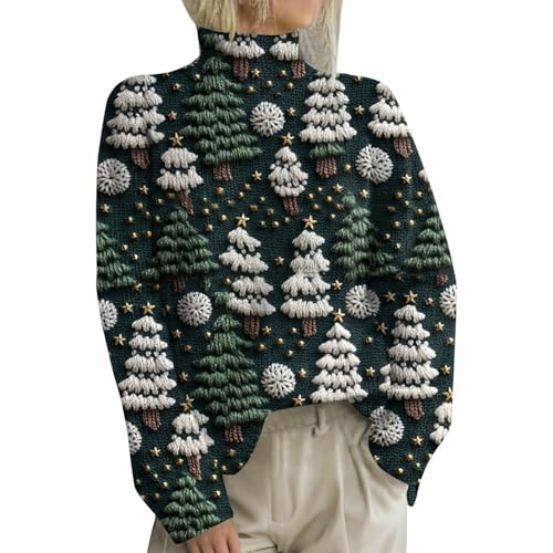 Generisch Weihnachtspullover Damen Oversized Weihnachts Sweatshirt Damen Pärchen Dicker Weihnachten Rentier Pullover Winter Langarm Rollkragenpullover Christmas Outfit dunkelgrün 3XL von Generisch