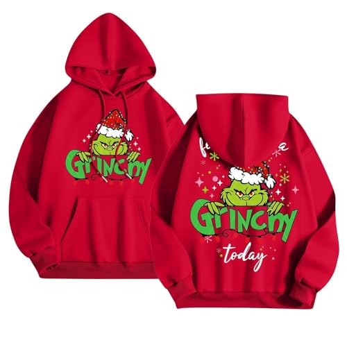 Generisch Weihnachtspullover Damen The Pullover Weihnachtspullover Damen Lustig üBergroßE Langarm Kapuzenpullover Mit Taschen Mode Weihnachten Grafik Backprint Sweatshirts Grinch Pullover GrüN von Generisch