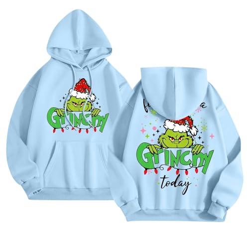 Generisch Weihnachtspullover Damen The Pullover Weihnachtspullover Damen Lustig üBergroßE Langarm Kapuzenpullover Mit Taschen Mode Weihnachten Grafik Backprint Sweatshirts Pullover GrüN von Generisch