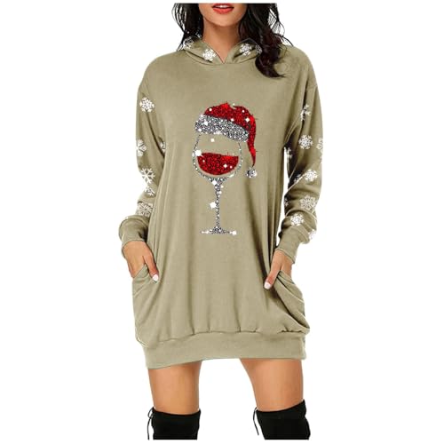 Generisch Weihnachtspullover Damen Weihnachten Lang Hoodie Weinglas ünd Weihnachtsmütze Drucken Kapuzenpullover Elegante Lustig Kapuzenpulli Kleid Oversize Langarm Sweatshirts mit Taschen von Generisch