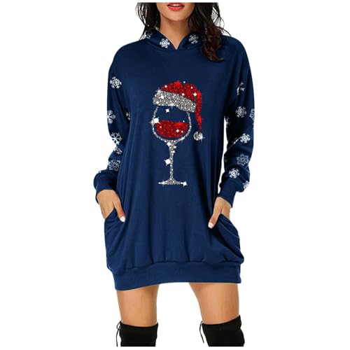 Generisch Weihnachtspullover Damen Weihnachten Lang Hoodie Weinglas ünd Weihnachtsmütze Drucken Kapuzenpullover Elegante Lustig Kapuzenpulli Kleid Oversize Langarm Sweatshirts mit Taschen von Generisch