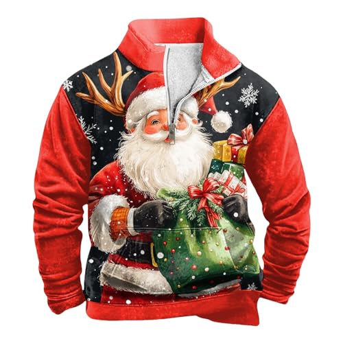 Weihnachtspullover Herren 1/4 Zip Lustig Weihnachten Sweatshirt Weihnachtspullover Herren Halbzip Merry Christmas Sweatshirts Weihanchten Pullover mit Rentier von Generisch