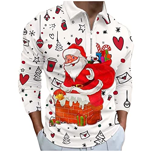 Generisch Weihnachtspullover Led Herren,-Weihnachtshemden Mode Casual Weihnachten Schnee Gedruckt Langarm Reißverschluss Revers Pullover Tops Weihnachtspulli Men Hoodie Oversized Hoodie (4XL, Weiß) von Generisch