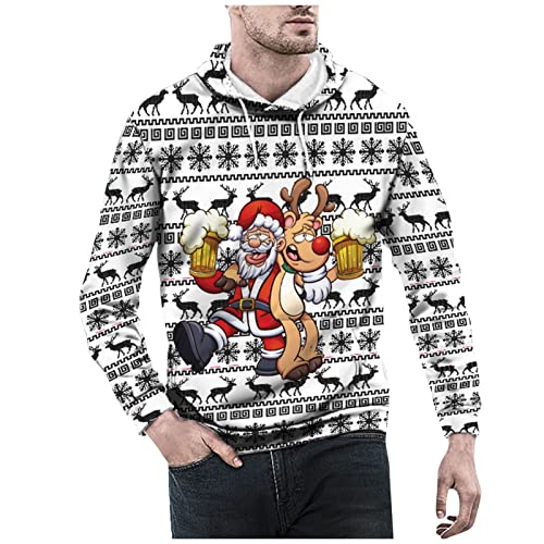 Generisch Weihnachtspullover Lustig Männer, Weihnachten Herren Vintage Print Herbst Winter Langarm Kapuzenpullover Sweatshirt Pullover Christmas Sweater Weihnachtspulli Bad Taste (XL, Weiß) von Generisch