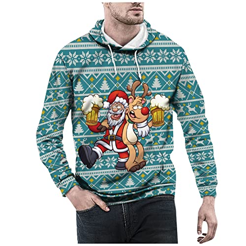 Generisch Weihnachtspullover Lustig Männer, Weihnachten Herren Vintage Print Winter Langarm Kapuzenpullover Sweatshirt Pullover Oversized Hoodie Weihnachtspoloverherren Pulli (XL, Cyan) von Generisch