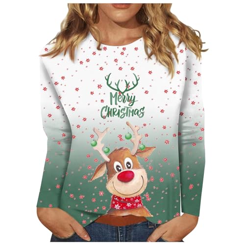 Generisch Weihnachtsshirt Damen, Weihnachtspullover Damen Mode Weihnachten Drucken Langarm Rundhalsausschnitt Bequemes Sweatshirt Top Ugly Christmas Sweater Weihnachtsbluse Pullis (M, Minzgrün) von Generisch