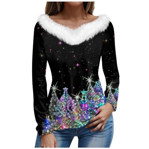 Generisch Weihnachtsshirt Damen Große Größe,-Weihnachts Shirt Plüschkragen V Ausschnitt Langarm Party Weihnachten Bedrucktes Oberteil Christmas Pullover Weihnachtskleid Mädchen Sweater Led (M, Gold) von Generisch