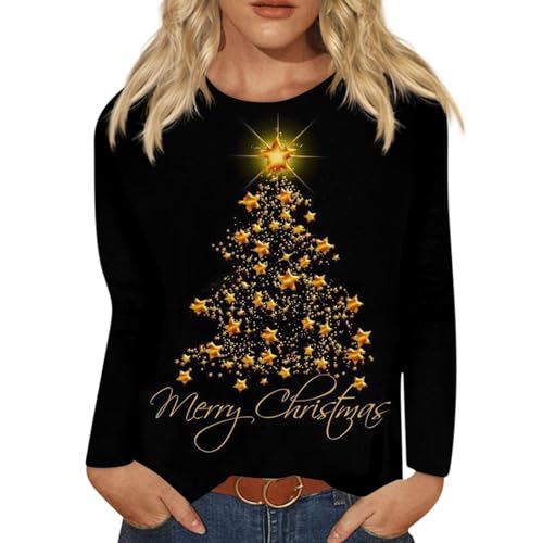 Generisch Weihnachtsshirt Damen Große Größen, Weihnachten Pullover Casual Bedruckt Rundhalsausschnitt Langarm Mode Pullover Top Bluse Weihnachtspullover Pärchen Weihnachtspulli Männer XL (M, Schwarz) von Generisch