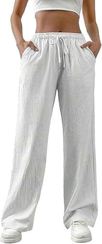 Generisch Weiss Leinenhose Damen Sommer Musselin Hose Leicht Lang Jogginghose Elegant Palazzo Einfarbig Yogahose LäSsig Weites Bein Freizeithose Sommerhose Leinen Mode Strandhose von Generisch