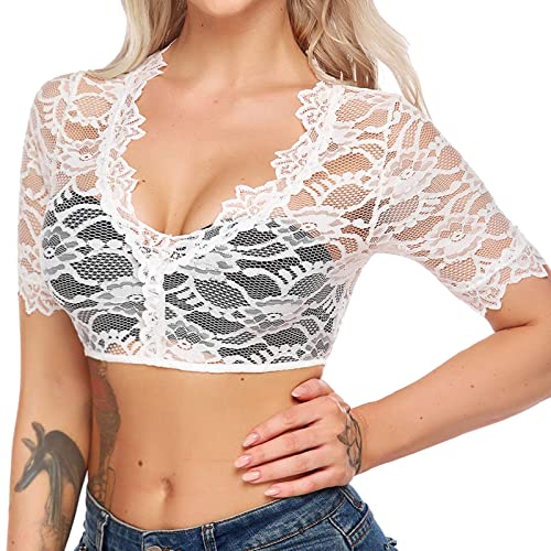 Generisch Weiße Dessous Set Damen Bluse zur Wiesn Bluse schwarz Damen Dirndlbluse Spitze Dirndl elegant Damen Kleidung (d-White, M) von Generisch