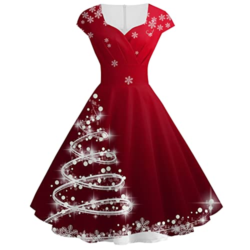Generisch Weihnachtskleid Für Damen, Weihnachten Gedruckt Kurze Ärmel V-Ausschnitt Rüschensaum Kleider Vintage 1950Er Hepburn Rote Damen Kleid Rot Weihnachtskleider (3XL, Wine) von Generisch
