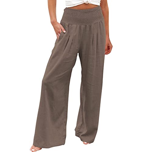 Generisch Weite Hose Damen, Leinenhose Damen Lang High Waist Weites Bein Palazzo Hose Linen Pants Schlupfhose Bequeme Strandhose Stoffhose Lockere Sommerhosen Leicht Freizeithose, L von Generisch
