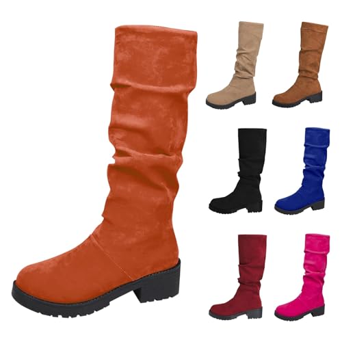 Generisch Weitschaftstiefel Damen Kniehohe Stiefel Damen Hoch Langschaftstiefel Blockabsatz Rutschfest Hohe Schlupfstiefel Weitschaftstiefel Dicker Sohle Halbstiefel Boots Braun von Generisch