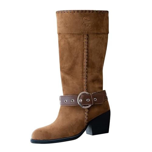 Generisch Weitschaftstiefel Damen Westernstiefel Mit Blockabsatz Weite Größen Retro Bequem Für Waden Wildleder Ritterstiefel Mittelhoch Country Musik Festivals Tanzen Abendevents (Gold,36) von Generisch