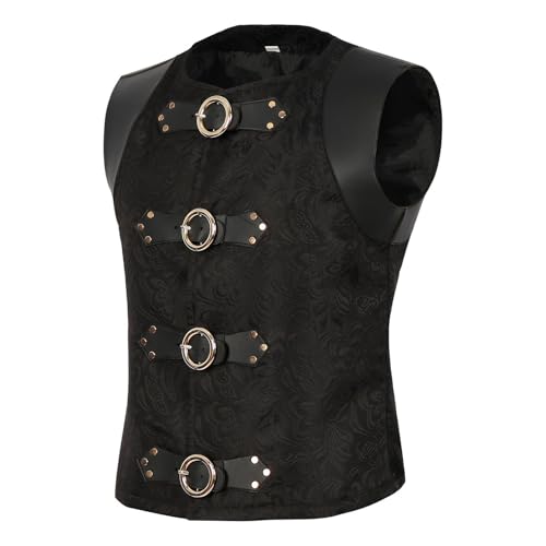 Generisch Weste Herren Vintage Mittelalter Lederweste Gothic Steampunk Bikerweste Single Breasted Weste Abschlussball Party Performance Ärmellos Jacke Renaissance Kläppchenkragen Weste von Generisch