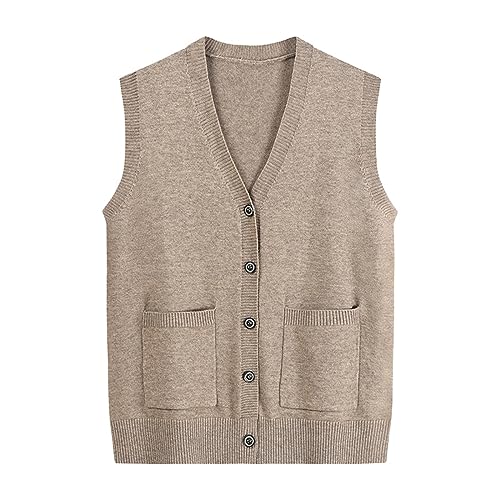Generisch Weste Ohne Ärmel Damen, Braune Warm Baumwolle Pullunder Sweater Vest Klassisch Lang V Ausschnitt Pullover Strickpullunder Strickweste Winter Ärmellos Longweste Pullover Vest von Generisch