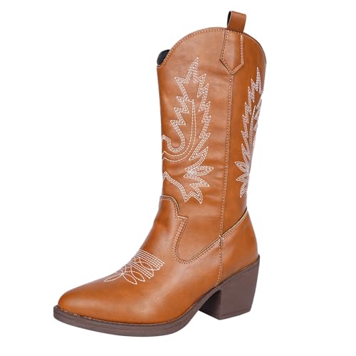Generisch Western Stiefeletten Damen Leder Cowboystiefel Damen Weiter Schaft Stiefeletten Mit Trichterabsatz Vintage Stickerei Reitstiefel Spitzzehe Schlupfstiefel Pu-Leder Halbstiefel von Generisch