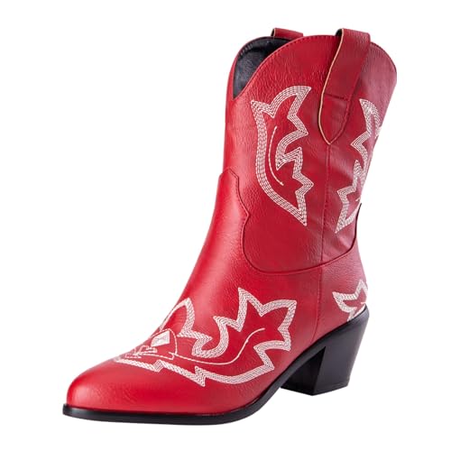 Generisch Westernstiefel Damen Kurz, Reitstiefeletten Damen Western Schlupfstiefel Stickerei Trachtenstiefel Slip On Damenstiefel Mit Blockabsatz Übergangsstiefel Casual Cowboystiefel Kurzstiefel von Generisch