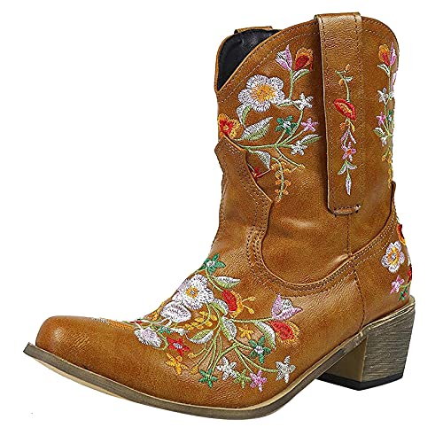 Generisch Westernstiefel Stiefeletten Damen Reitstiefel Ankle Boots Damen Sommer Mode Elegante Weit Ankle Sommer Leicht Weiche Fussbett| Breite Boho Schuhe Biker Boots Cow Boy von Generisch