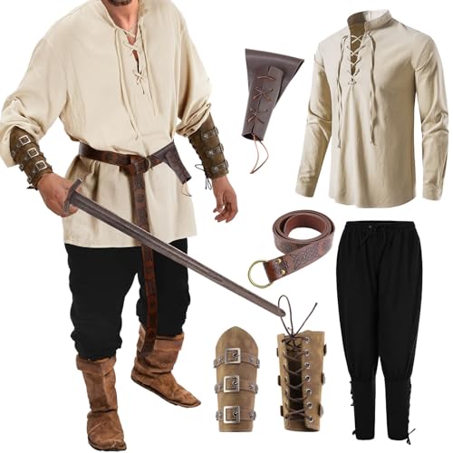 Generisch Wikinger Kleidung Herren Kostüm Mittelalter Hemd Hose Mit Gürtel Handgelenkhalter Mittelalter Kleidung Viking Kostüm Renaissance Mittelalter Vintage Kostüm Für Karneval Halloween von Generisch